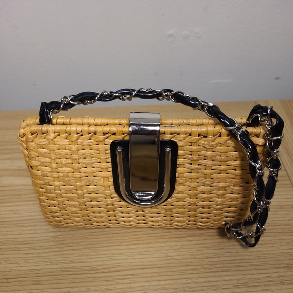 Ann Taylor Woven Wicker Clutch Handbag Natural Black - Picture 2 of 9